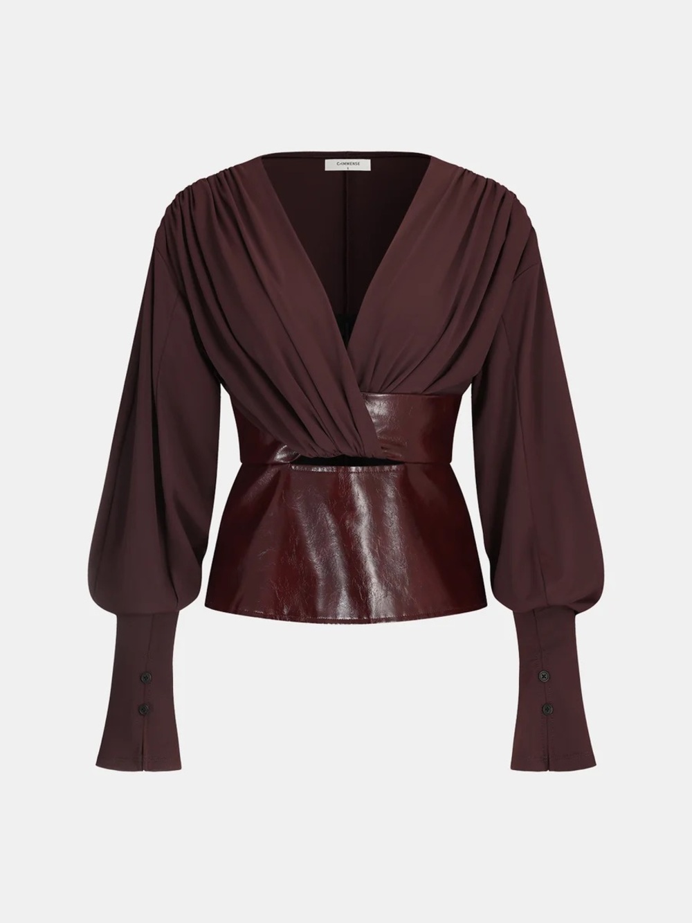 Commense Faux Leather Panel Lantern Sleeve Blouse